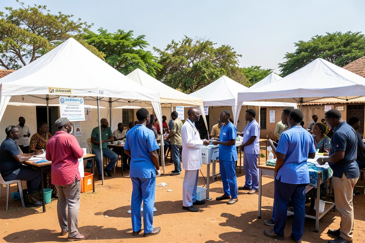 Tentes de consultation et équipes soignantes lors d'un village santé communautaire